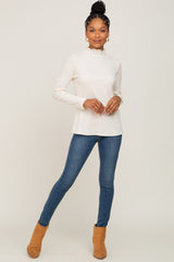 Cream Ribbed Long Sleeve Mock Neck Top