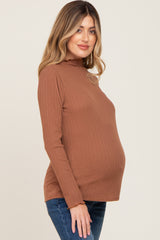 Camel Ribbed Long Sleeve Mock Neck Maternity Top