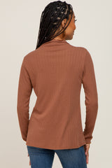 Camel Ribbed Long Sleeve Mock Neck Top