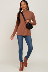 Camel Ribbed Long Sleeve Mock Neck Top