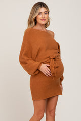 Camel Solid One-Shoulder Waist Tie Maternity Dress