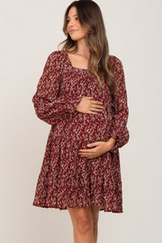 Burgundy Floral Pleated Tiered Maternity Dress