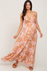 Pink Floral Tie Back Cutout Maternity Maxi Dress