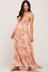 Pink Floral Tie Back Cutout Maternity Maxi Dress