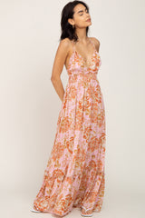 Pink Floral Tie Back Cutout Maxi Dress