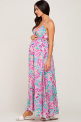 Turquoise Floral Tie Back Cutout Maternity Maxi Dress