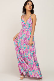 Turquoise Floral Tie Back Cutout Maxi Dress