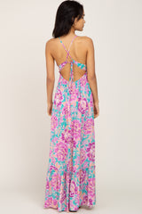 Turquoise Floral Tie Back Cutout Maxi Dress