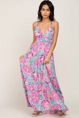 Turquoise Floral Tie Back Cutout Maxi Dress