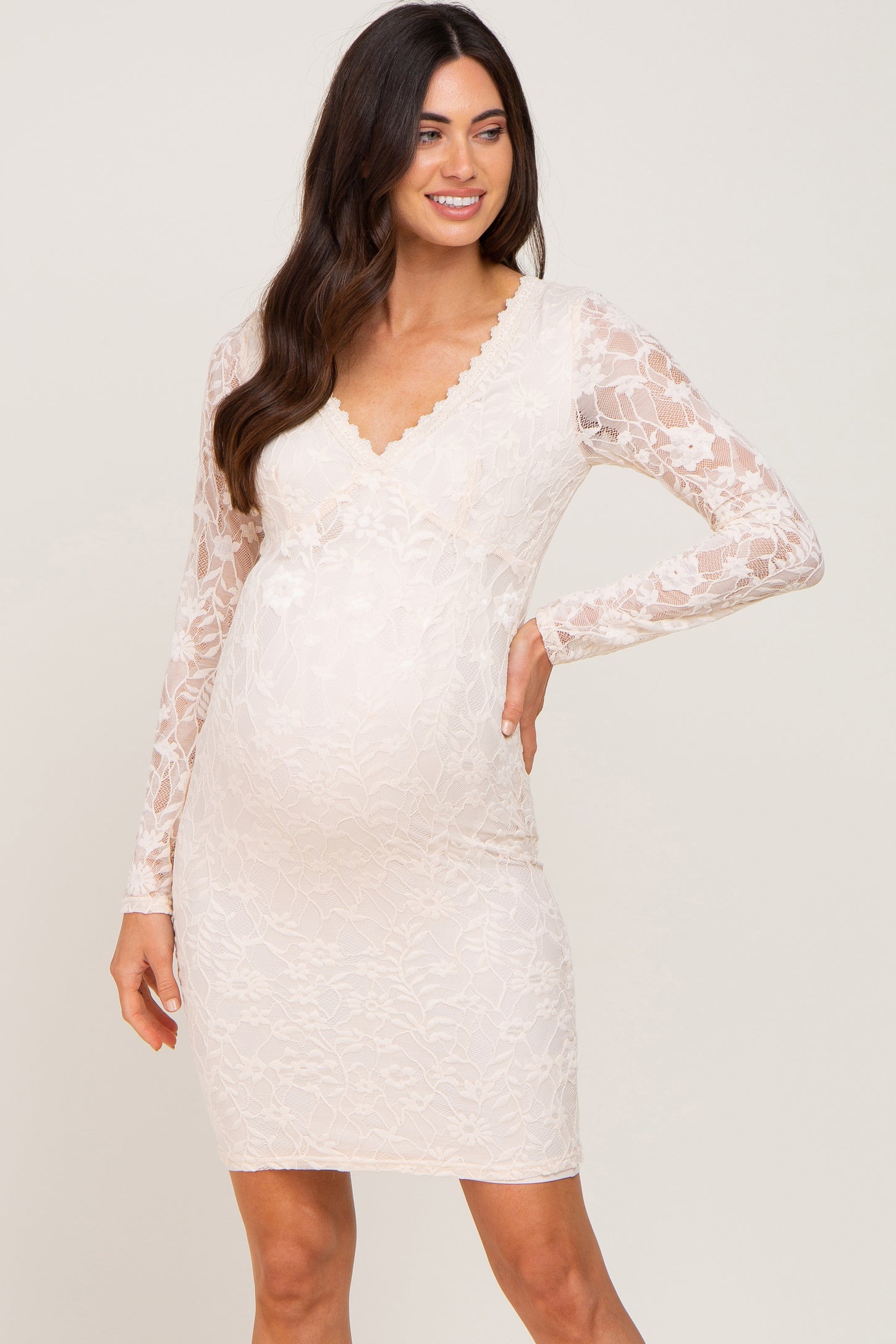 Cream Lace V-Neck Maternity Fitted Dress– PinkBlush