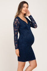 Navy Blue Lace V-Neck Maternity Fitted Dress