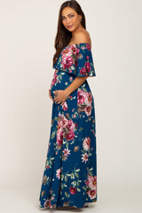 Dark Teal Floral Flounce Off Shoulder Maternity Maxi Dress