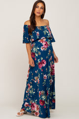 Dark Teal Floral Flounce Off Shoulder Maternity Maxi Dress