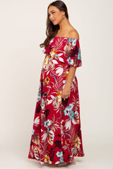 Burgundy Floral Flounce Off Shoulder Maternity Maxi Dress