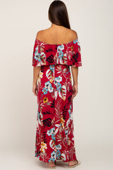 Burgundy Floral Flounce Off Shoulder Maternity Maxi Dress