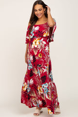 Burgundy Floral Flounce Off Shoulder Maternity Maxi Dress