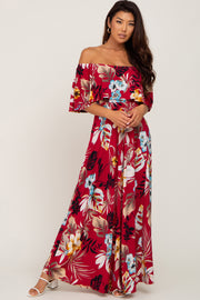 Burgundy Floral Flounce Off Shoulder Maxi Dress