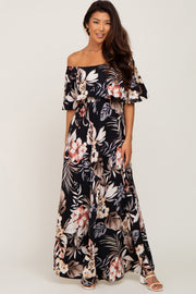 Black Floral Flounce Off Shoulder Maxi Dress