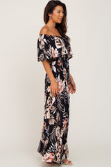 Black Floral Flounce Off Shoulder Maxi Dress