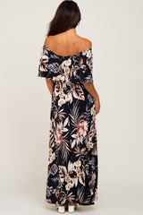 Black Floral Flounce Off Shoulder Maxi Dress