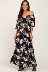 Black Floral Flounce Off Shoulder Maternity Maxi Dress