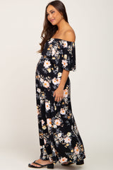 Black Floral Flounce Off Shoulder Maternity Maxi Dress