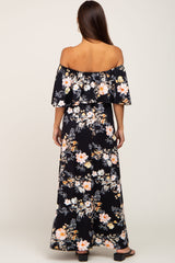 Black Floral Flounce Off Shoulder Maternity Maxi Dress