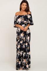 Black Floral Flounce Off Shoulder Maternity Maxi Dress