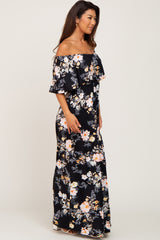 Black Floral Flounce Off Shoulder Maxi Dress