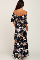 Black Floral Flounce Off Shoulder Maxi Dress