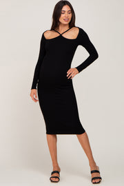 Black Ribbed Cutout Long Sleeve Maternity Dress