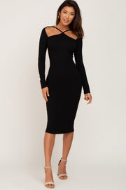 Black Ribbed Cutout Long Sleeve Dress