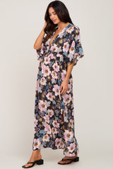 Charcoal Floral Smocked Waist Maternity Maxi Dress