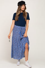 Blue Floral Tiered Front Tie Maternity Midi Skirt