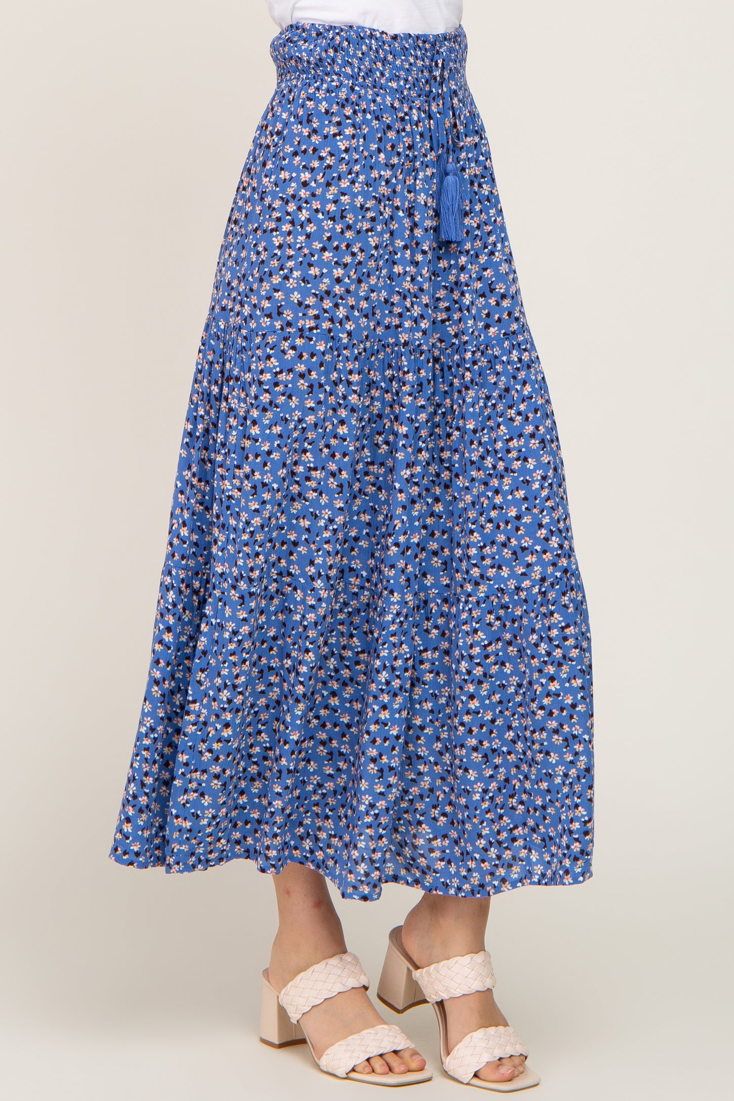 Blue Floral Tiered Front Tie Midi Skirt – PinkBlush