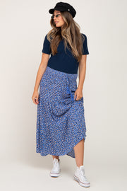 Blue Floral Tiered Front Tie Maternity Midi Skirt