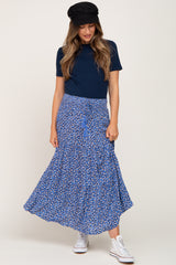 Blue Floral Tiered Front Tie Maternity Midi Skirt