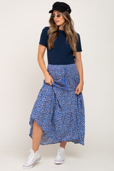 Blue Floral Tiered Front Tie Maternity Midi Skirt