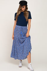 Blue Floral Tiered Front Tie Maternity Midi Skirt