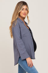 Blue Button Down Collared Frayed Maternity Top