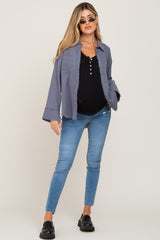 Blue Button Down Collared Frayed Maternity Top