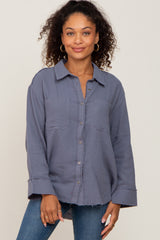 Blue Button Down Collared Frayed Top