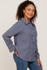 Blue Button Down Collared Frayed Top