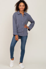 Blue Button Down Collared Frayed Top