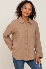 Mocha Button Down Collared Frayed Maternity Top