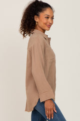 Mocha Button Down Collared Frayed Top