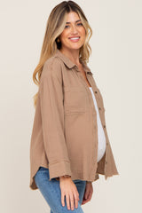 Mocha Button Down Collared Frayed Maternity Top