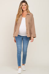 Mocha Button Down Collared Frayed Maternity Top