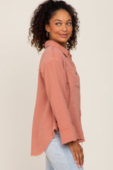 Peach Button Down Collared Frayed Top