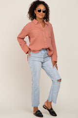 Peach Button Down Collared Frayed Top